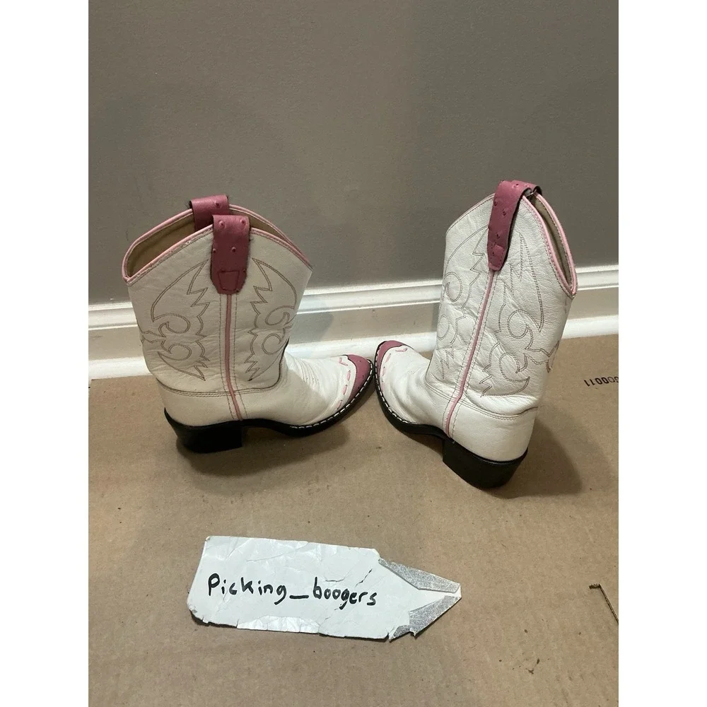 Old West Girls White And Pink All Leather Cowboy Boots 11.5
